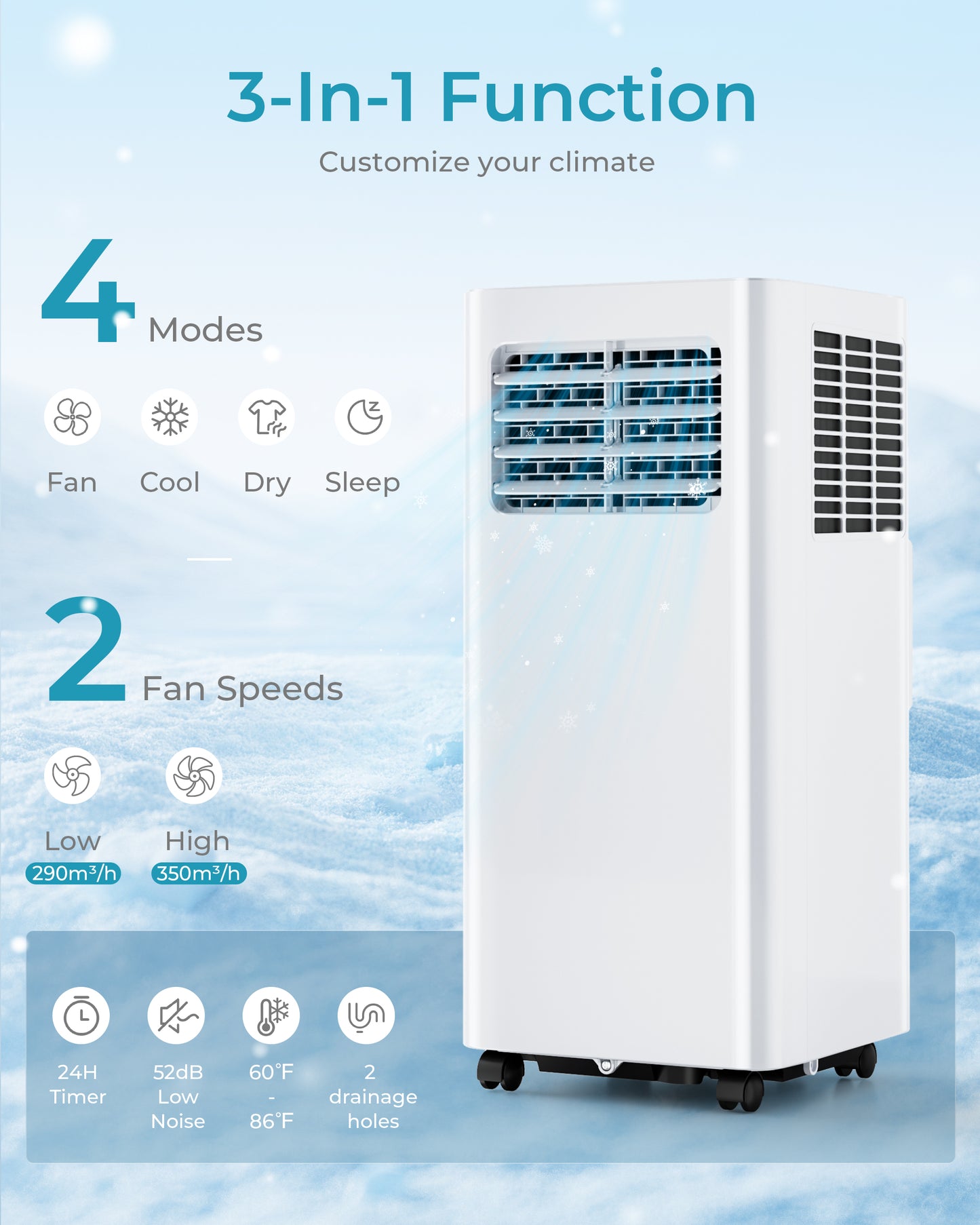 Portable Air Conditioner 9000 BTU,3-In-1 Cooling AC with Dehumidifier, Fan, Sleep modes-AC9k