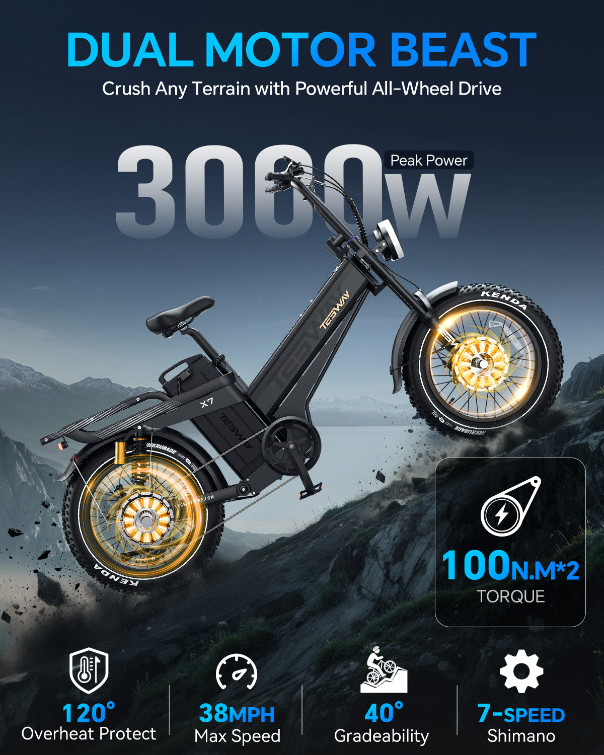 TESWAY X7 AWD 20" Electric Bike 52V 60Ah Dual Motor Fat Tyre off road E-Bike E-MTB 60km/h- X7