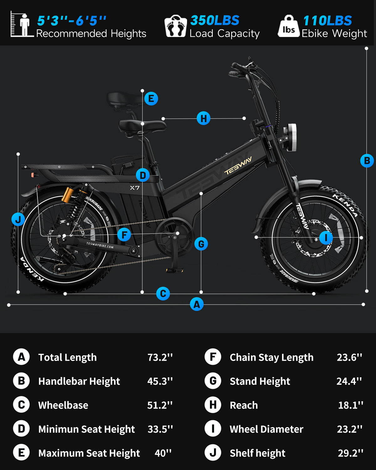 TESWAY X7 AWD 20" Electric Bike 52V 60Ah Dual Motor Fat Tyre off road E-Bike E-MTB 60km/h- X7