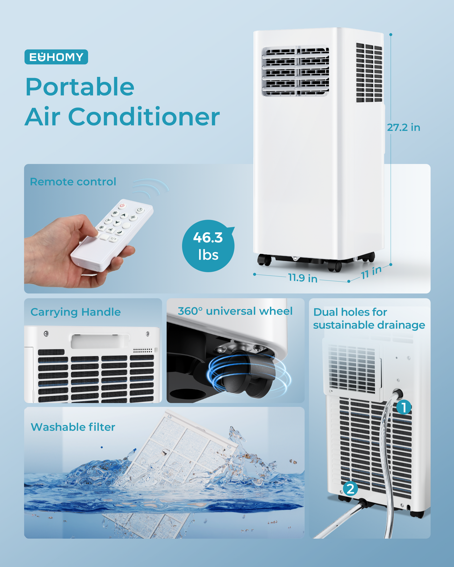 Portable Air Conditioner 9000 BTU,3-In-1 Cooling AC with Dehumidifier, Fan, Sleep modes-AC9k