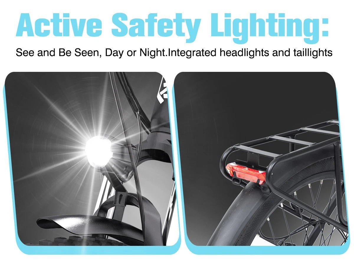 bicycle safety light system with the headline 'Active Safety Lighting: See and Be Seen, Day or Night. Integrated headlights and taillights