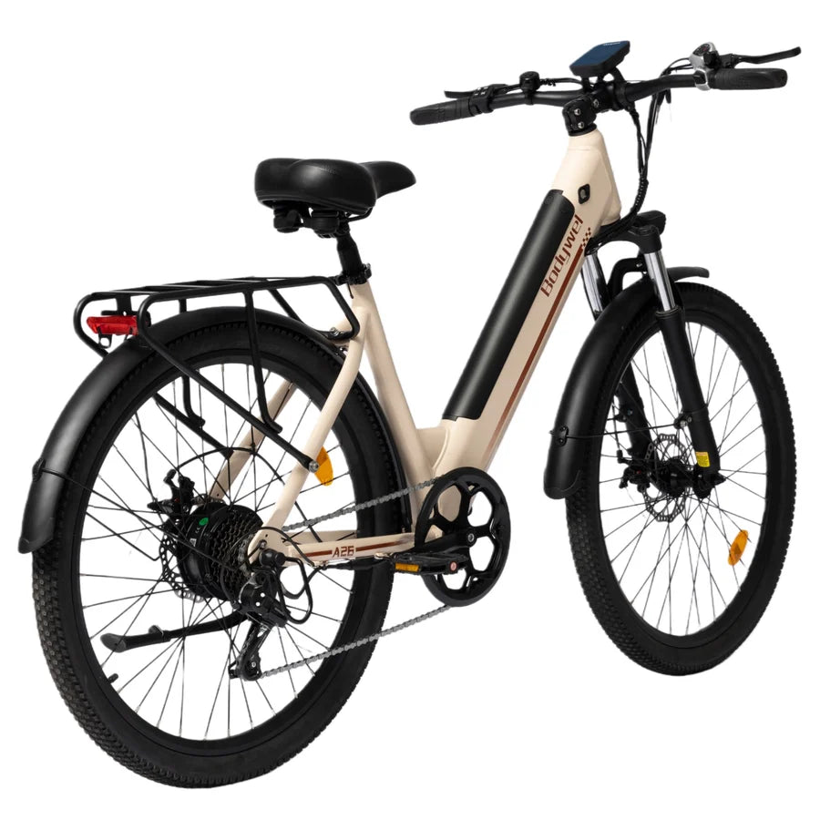 Bodywel - A step-through electric bicycle with a cream-colored frame